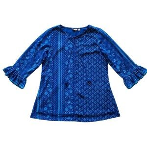 ITSE Royal Blue Boho Blouse Medium Bell Sleeve Tassel Tie Gold Dot Peasant Top